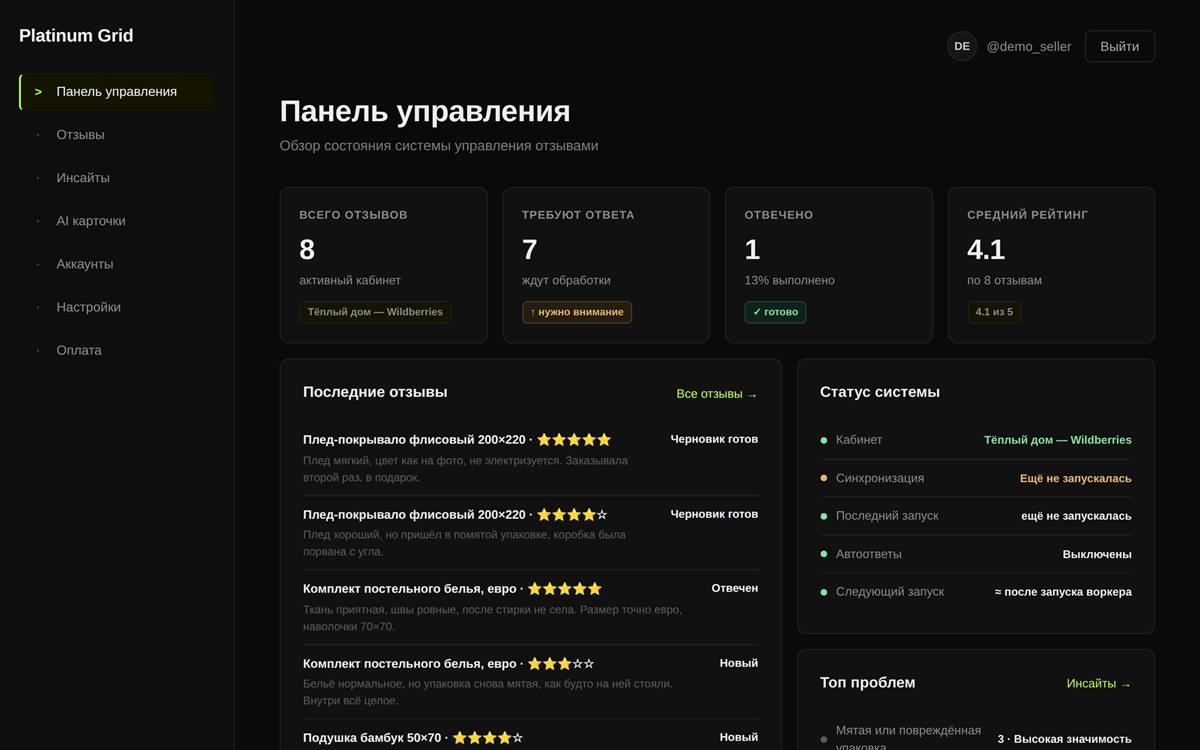 Панель управления Platinum Grid с отзывами и статусом системы